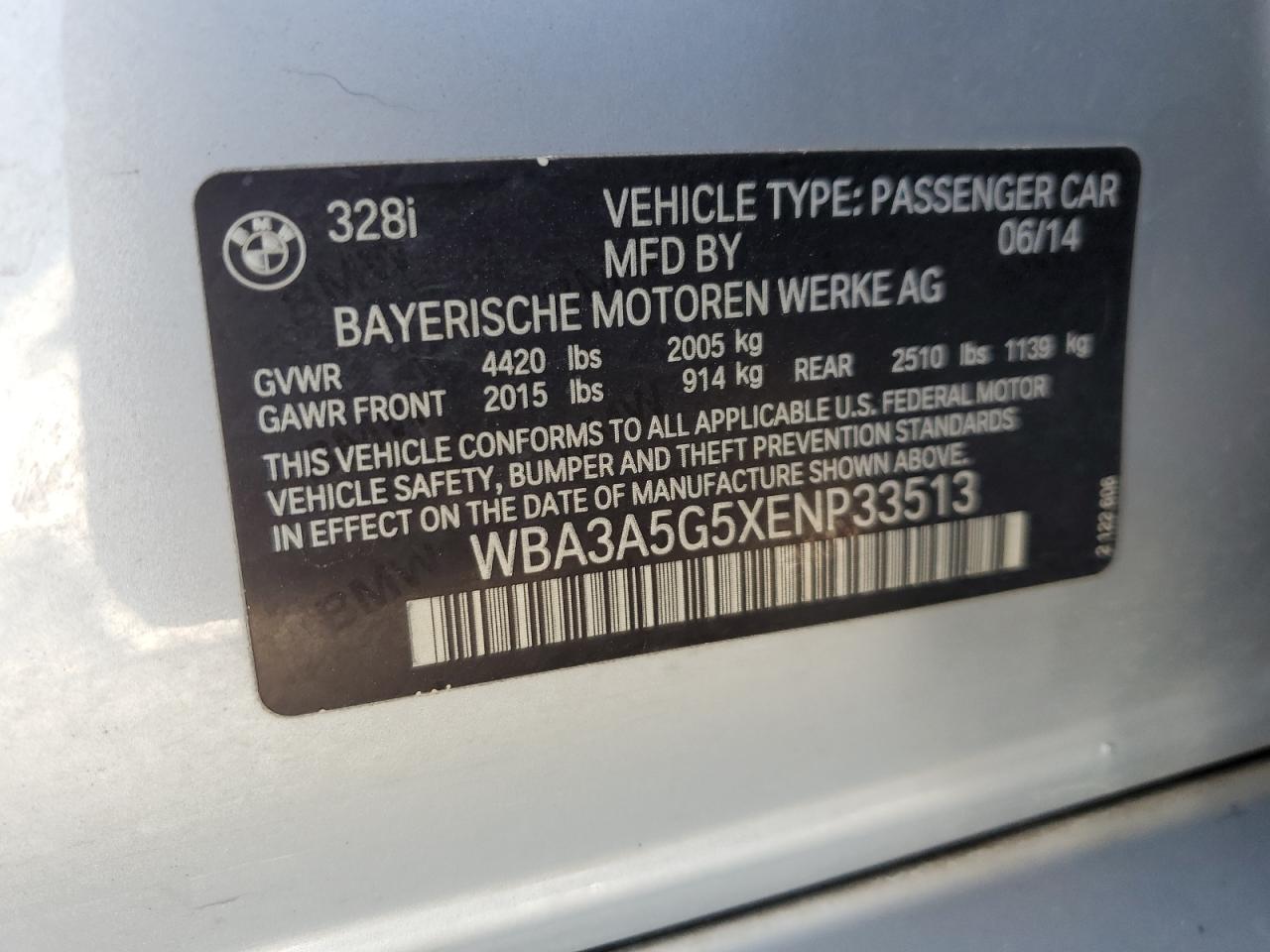 WBA3A5G5XENP33513 2014 BMW 328 I