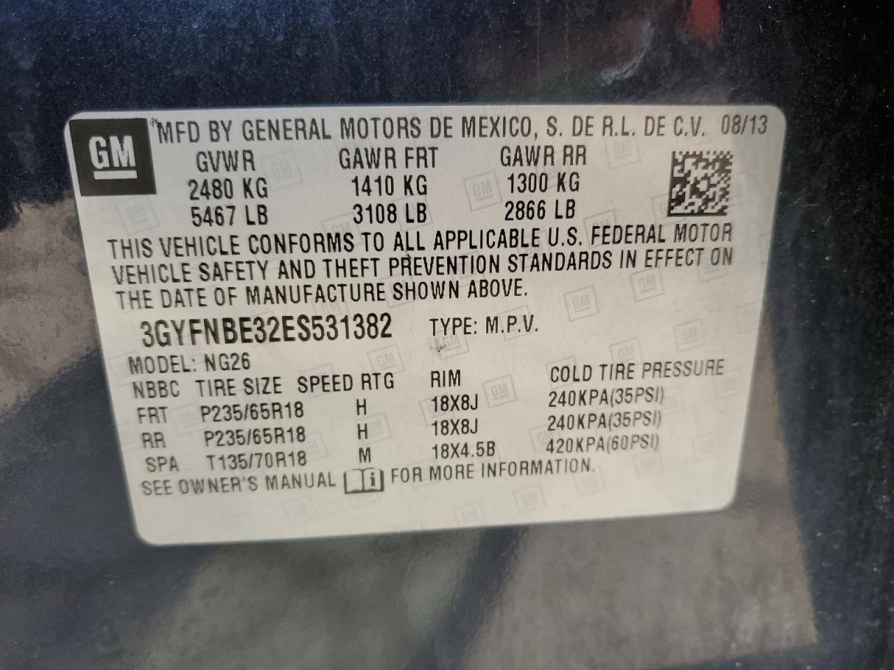 3GYFNBE32ES531382 2014 Cadillac Srx Luxury Collection