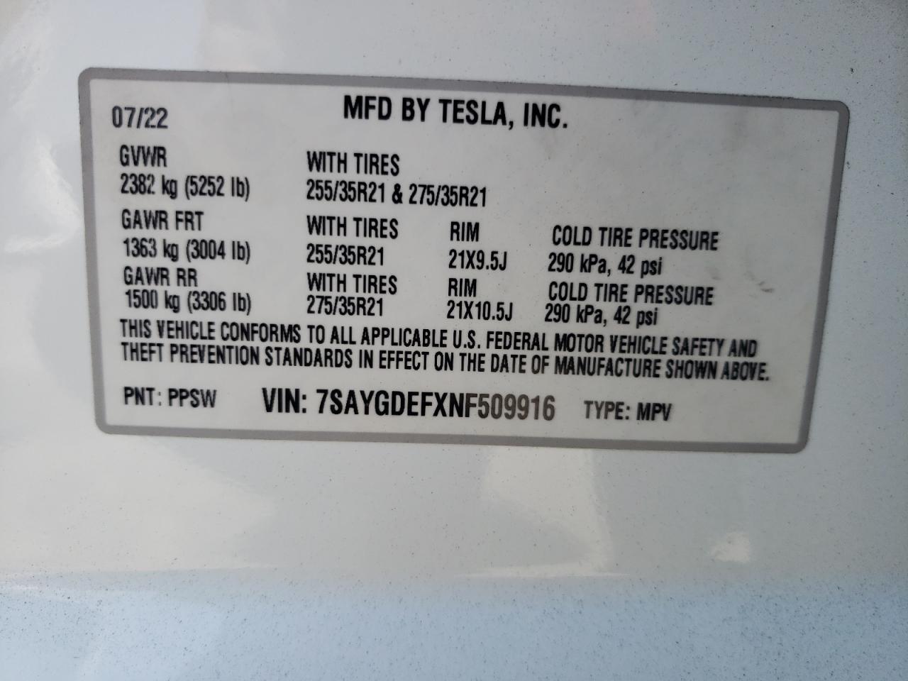 7SAYGDEFXNF509916 2022 Tesla Model Y