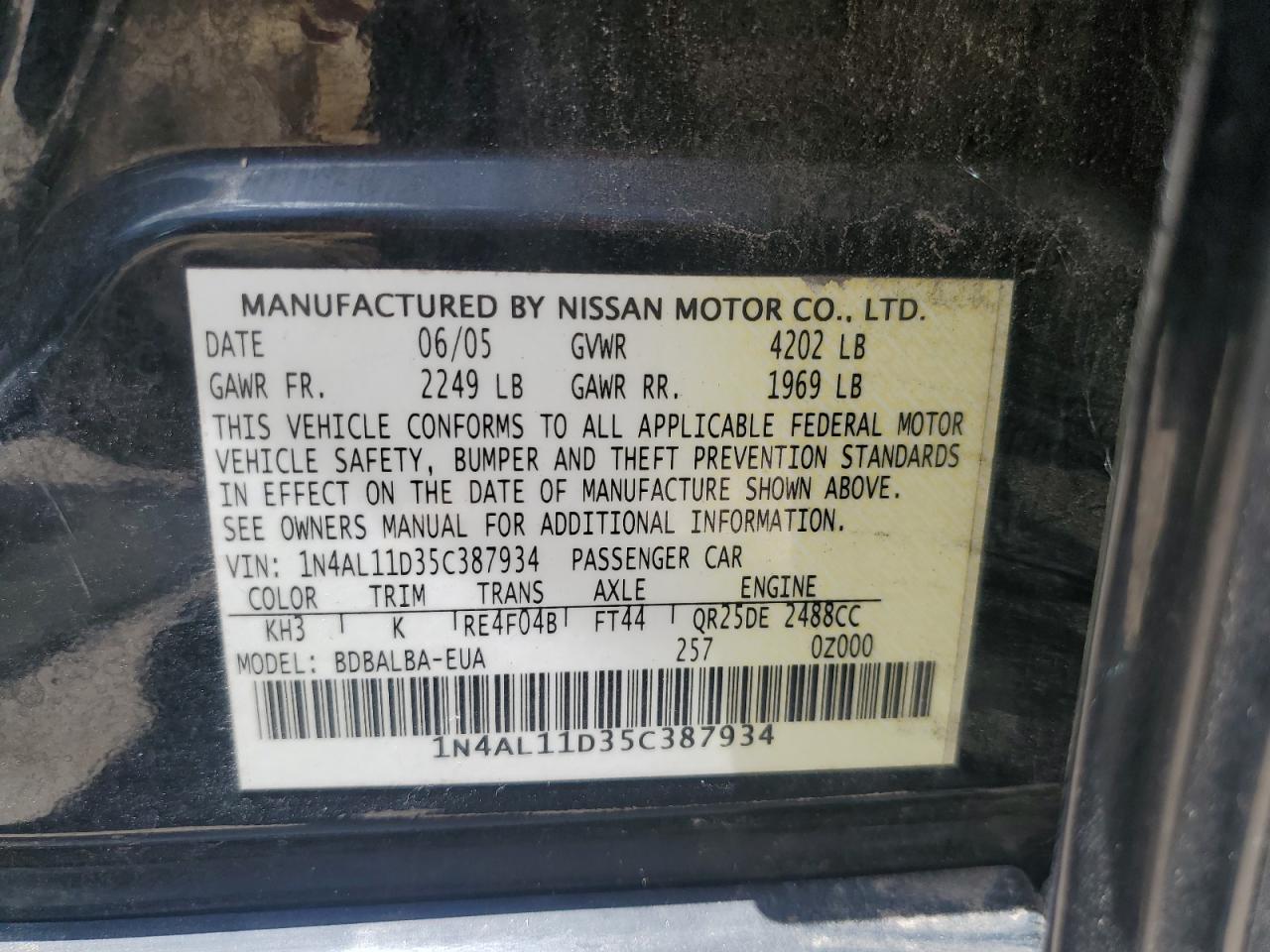 1N4AL11D35C387934 2005 Nissan Altima S