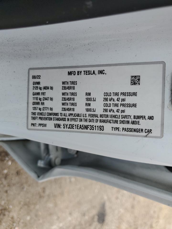 Lot #2902794215 2022 TESLA MODEL 3