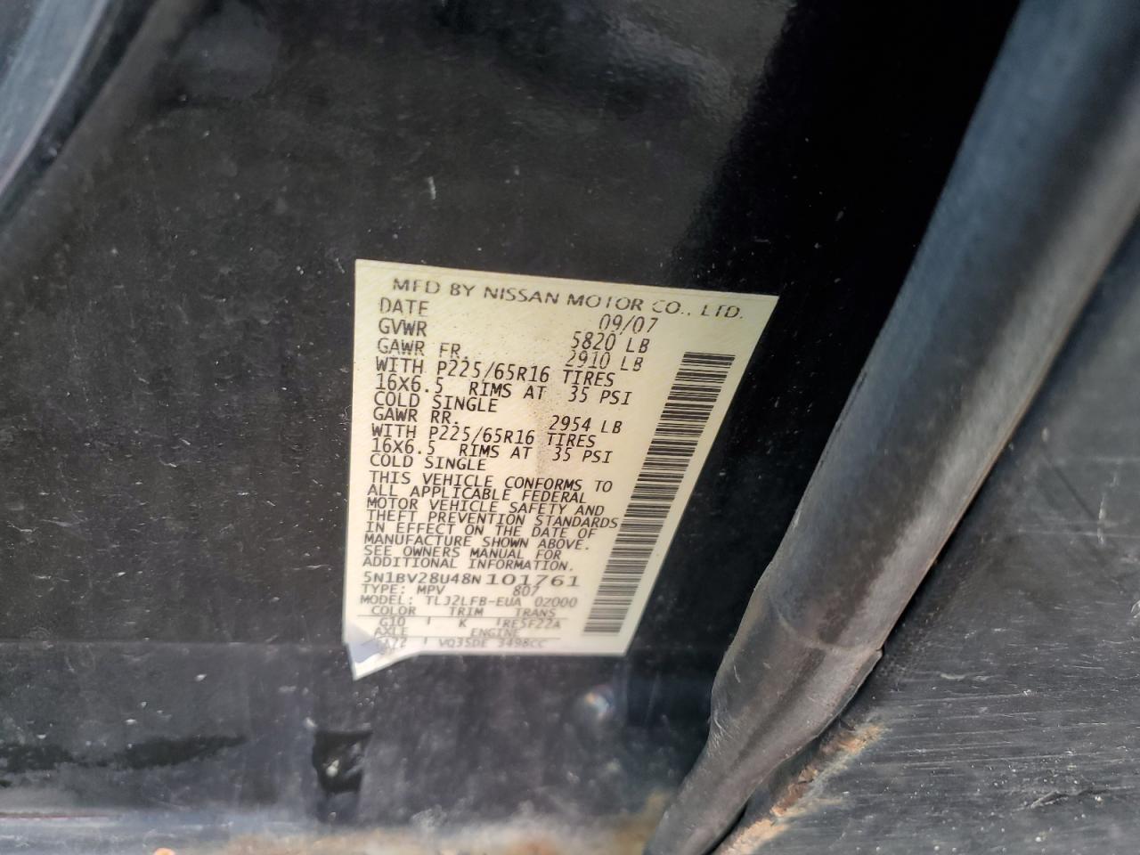 5N1BV28U48N101761 2008 Nissan Quest S