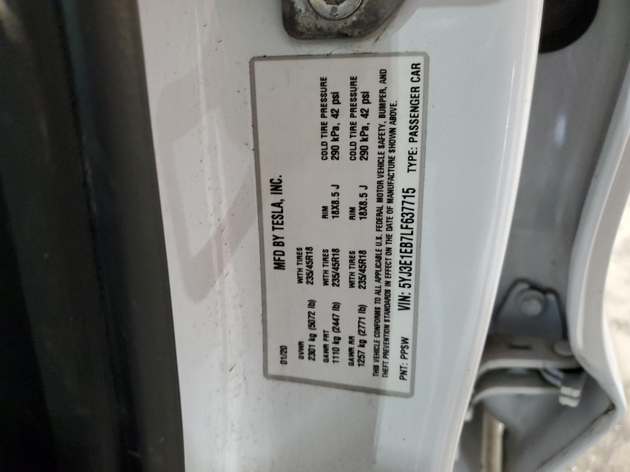 5YJ3E1EB7LF637715 2020 Tesla Model 3