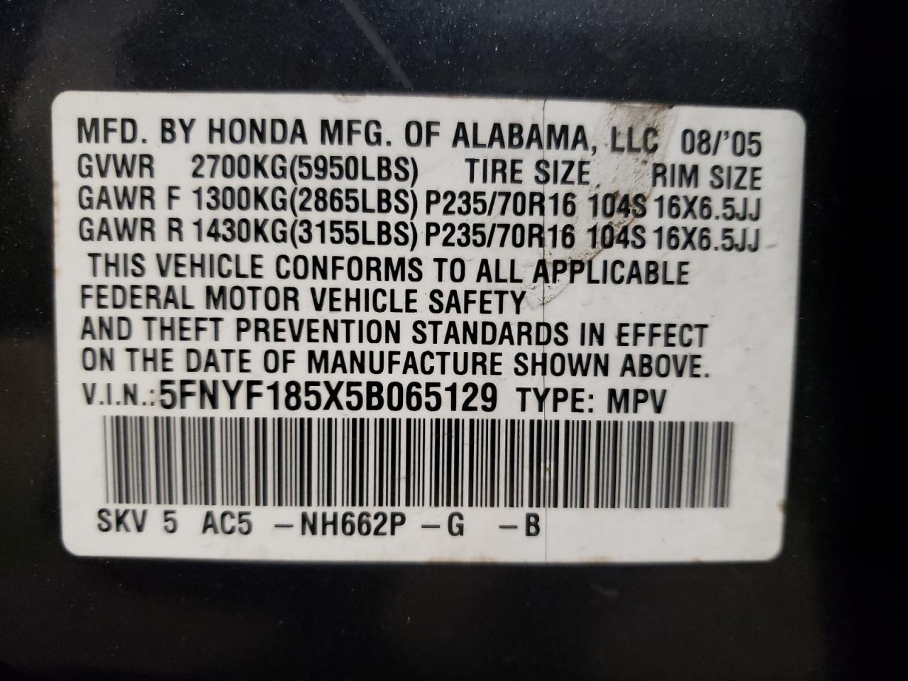 5FNYF185X5B065129 2005 Honda Pilot Exl