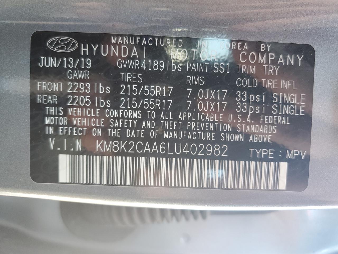 KM8K2CAA6LU402982 2020 Hyundai Kona Sel