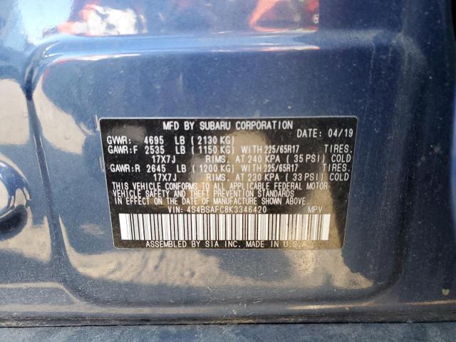 2019 Subaru Outback 2.5I Premium VIN: 4S4BSAFC8K3346420 Lot: 61945404