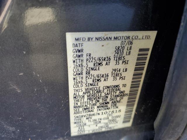 2007 Nissan Quest S VIN: 5N1BV28U67N107818 Lot: 60302364