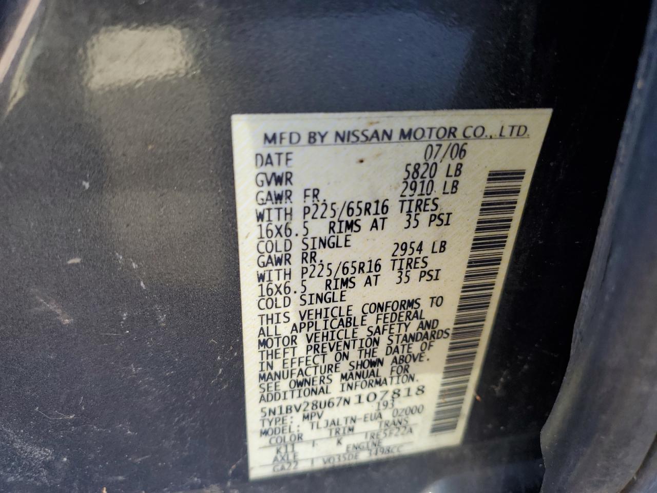 5N1BV28U67N107818 2007 Nissan Quest S