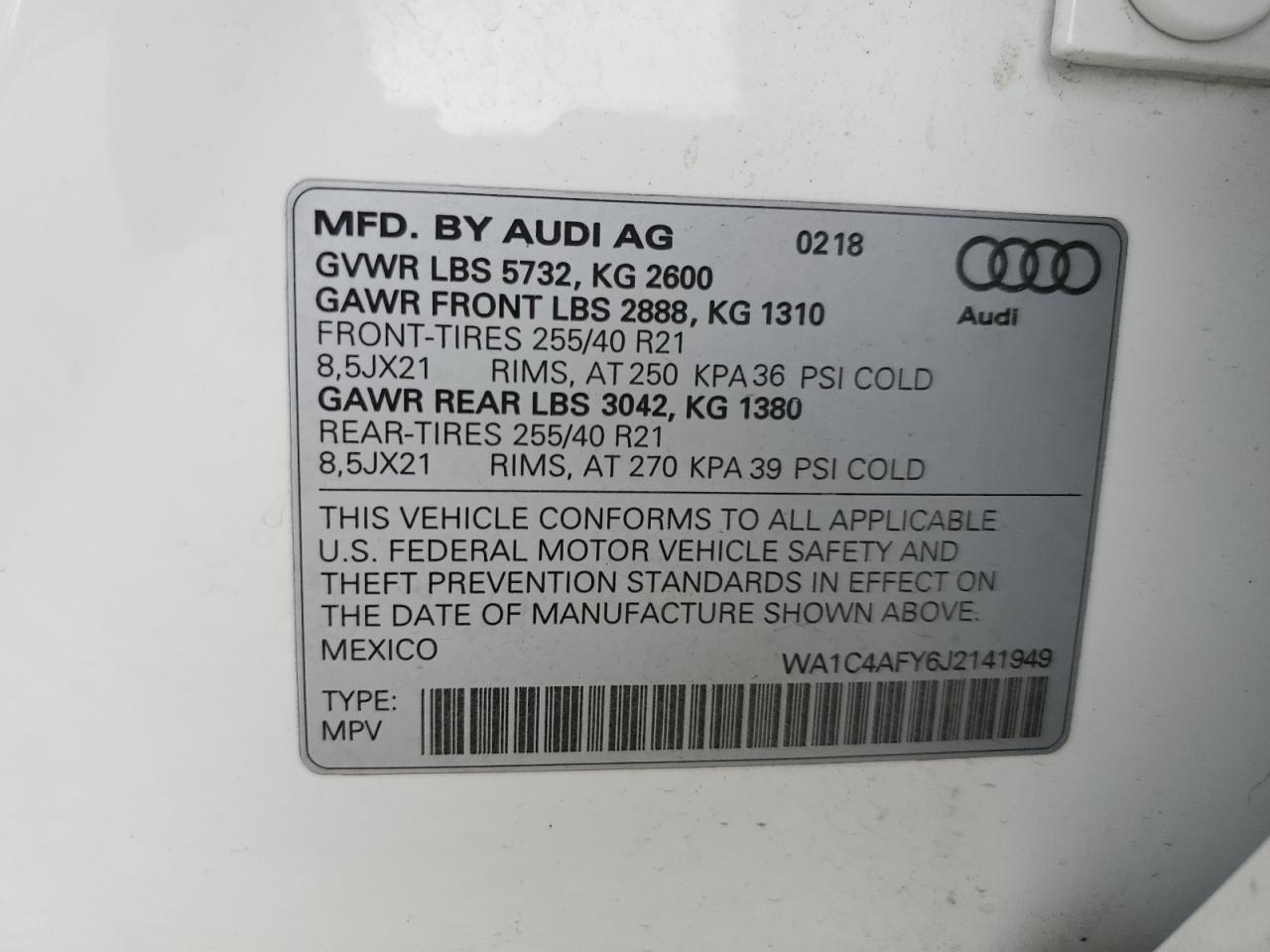 WA1C4AFY6J2141949 2018 Audi Sq5 Prestige