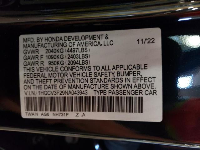 2022 Honda Accord Hybrid Sport VIN: 1HGCV3F29NA043943 Lot: 62735294