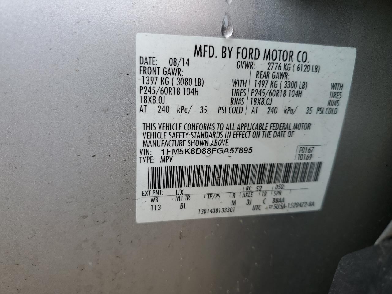 1FM5K8D88FGA57895 2015 Ford Explorer Xlt