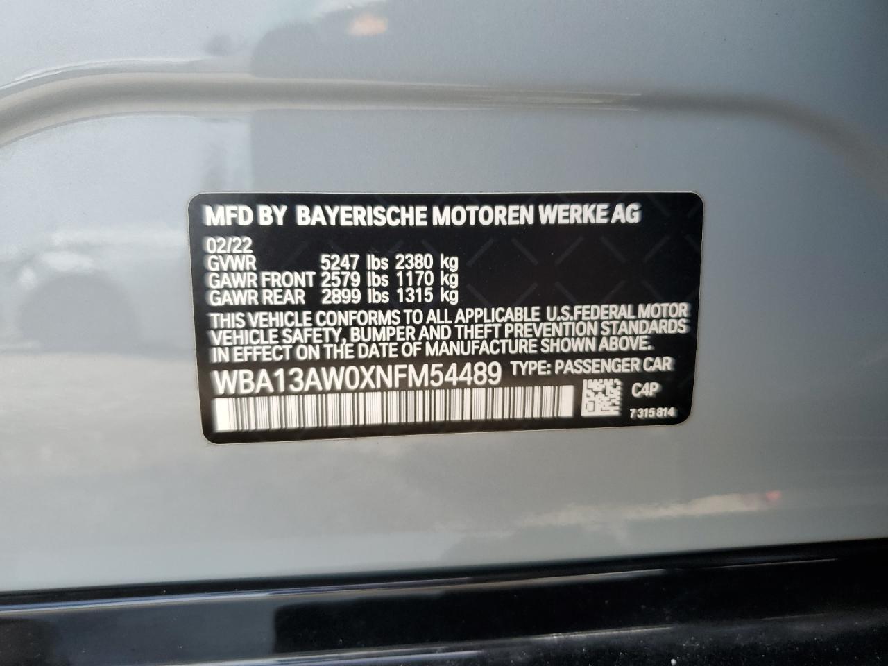 WBA13AW0XNFM54489 2022 BMW M440Xi Gran Coupe