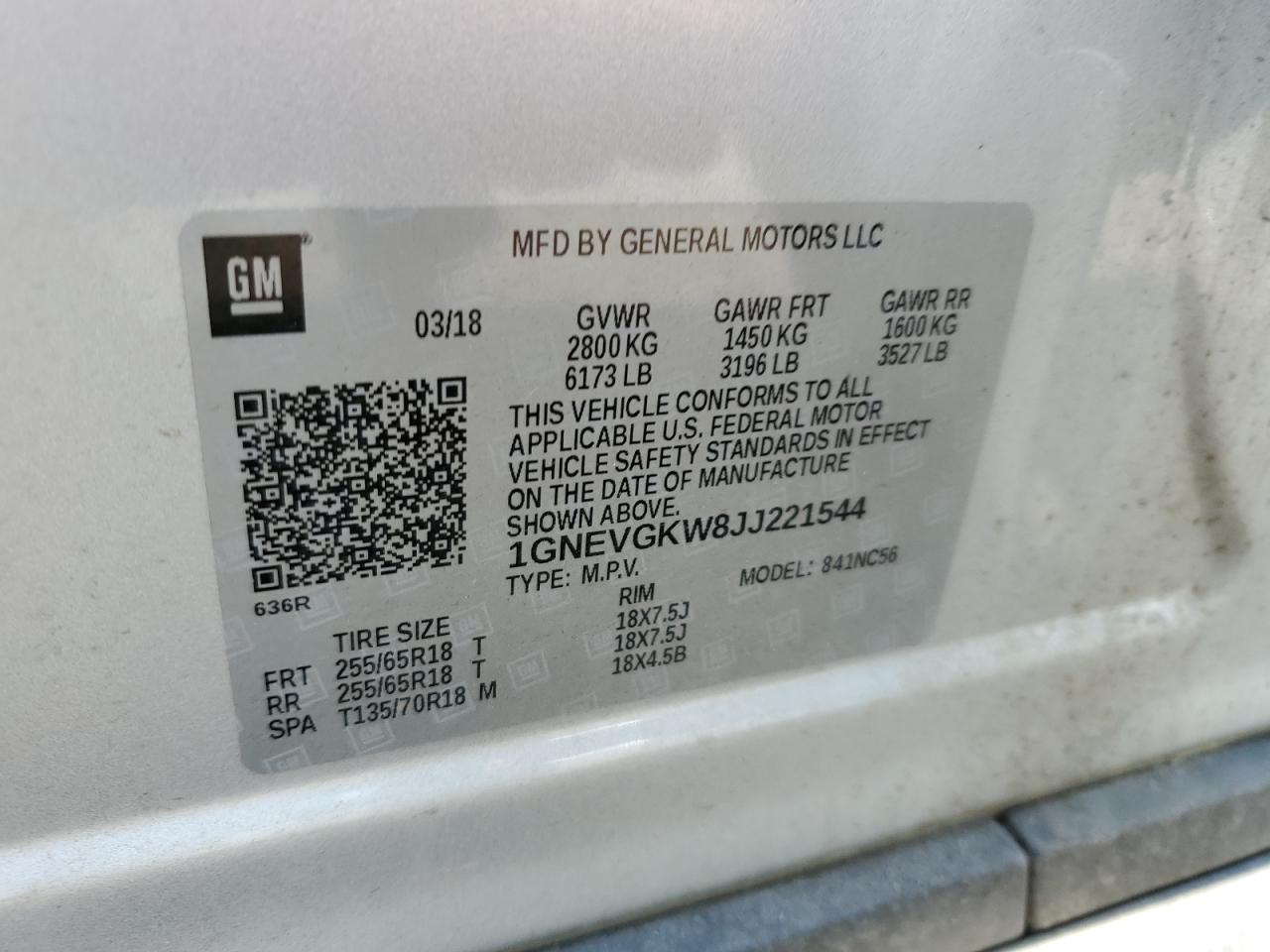 1GNEVGKW8JJ221544 2018 Chevrolet Traverse Lt