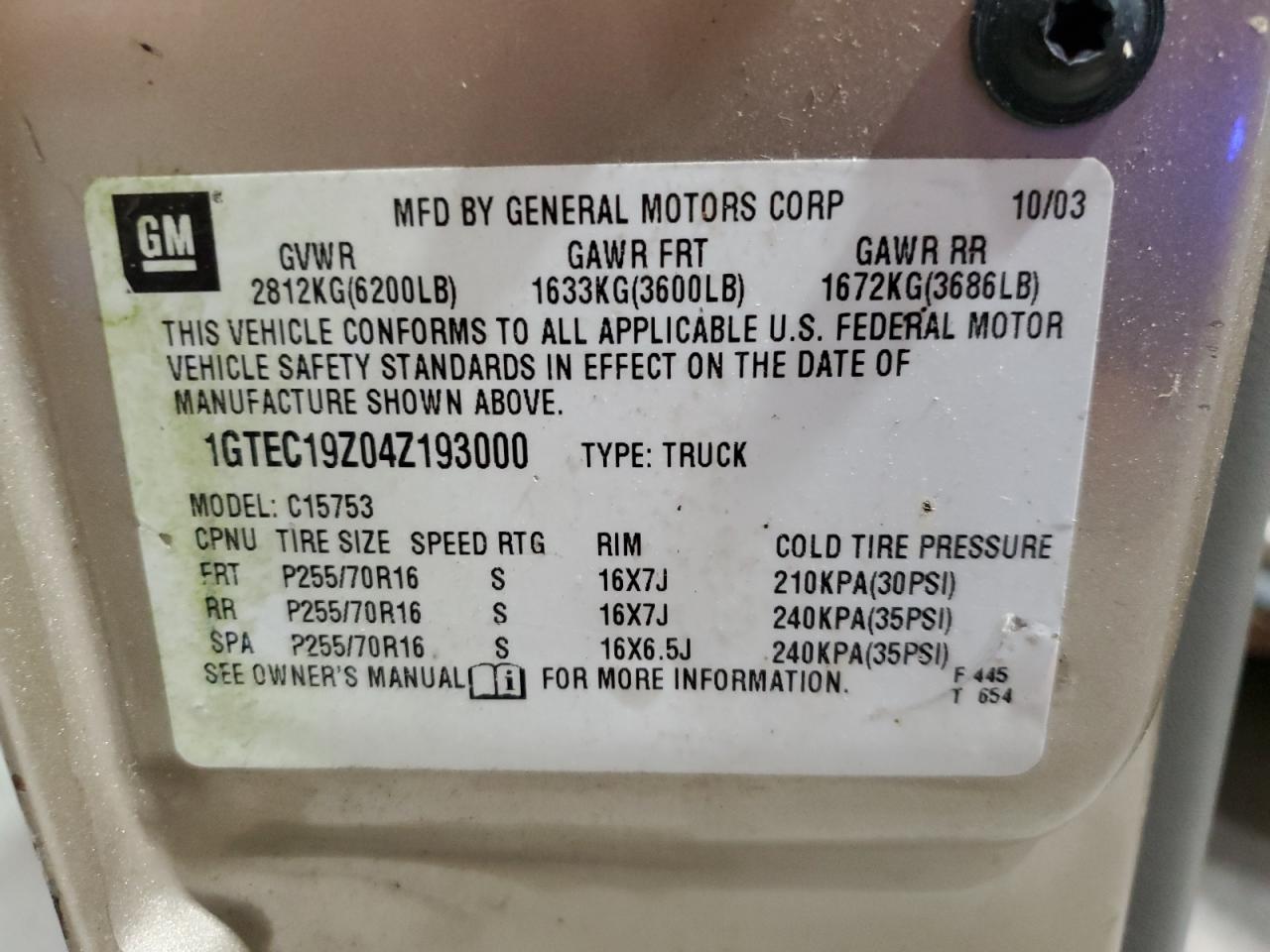 1GTEC19Z04Z193000 2004 GMC New Sierra C1500