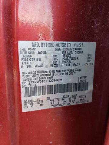 2001 Ford F150 Supercrew VIN: 1FTRW08611KC34782 Lot: 62539224