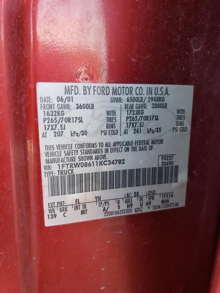 1FTRW08611KC34782 2001 Ford F150 Supercrew