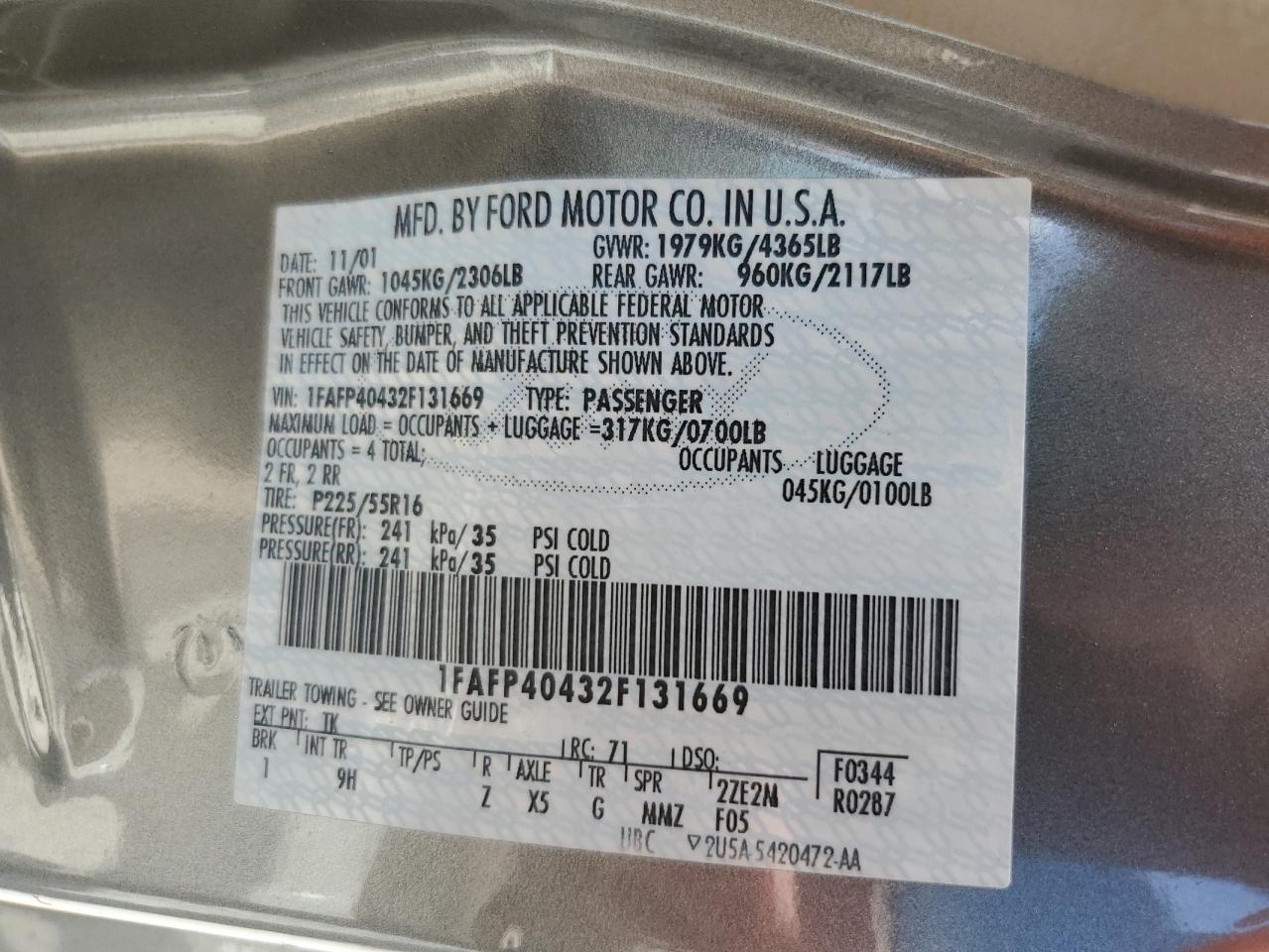 1FAFP40432F131669 2002 Ford Mustang