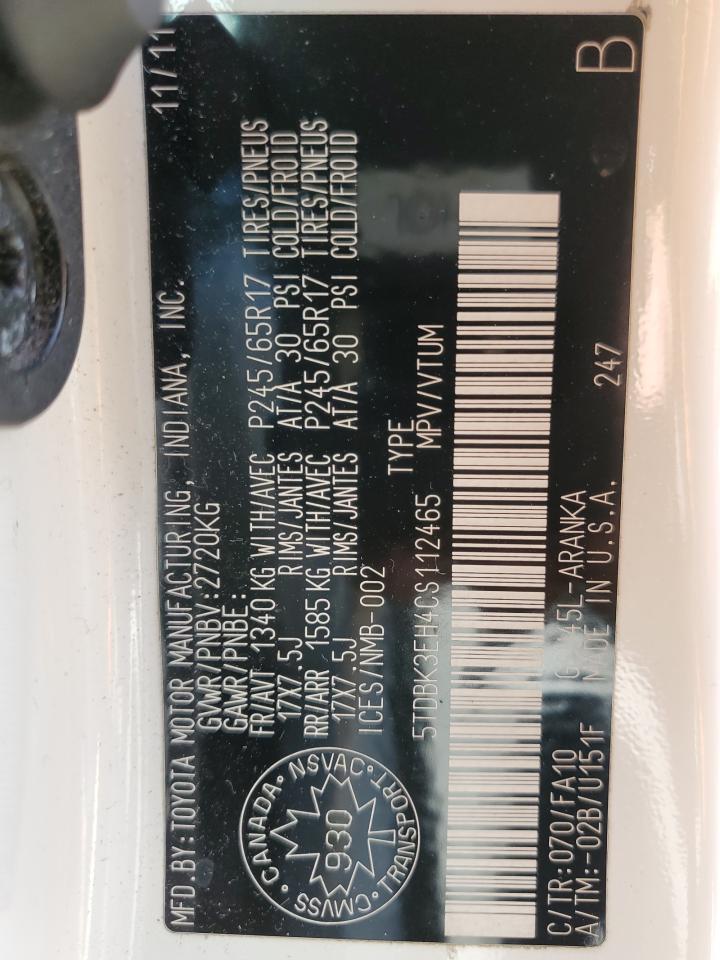 5TDBK3EH4CS112465 2012 Toyota Highlander Base