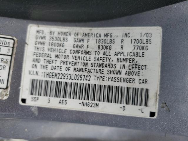 2003 Honda Civic Ex VIN: 1HGEM22933L029742 Lot: 61688214