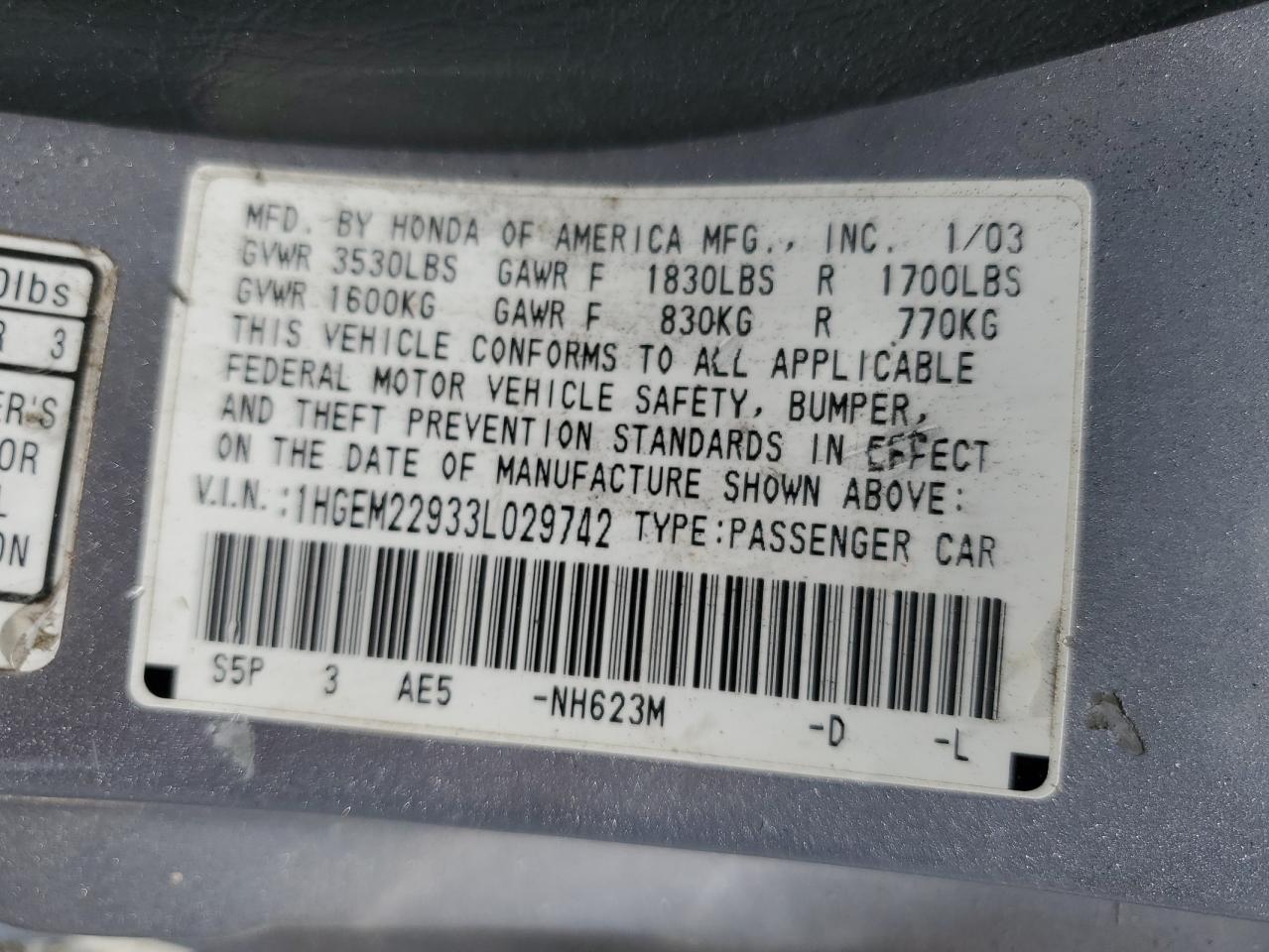 1HGEM22933L029742 2003 Honda Civic Ex