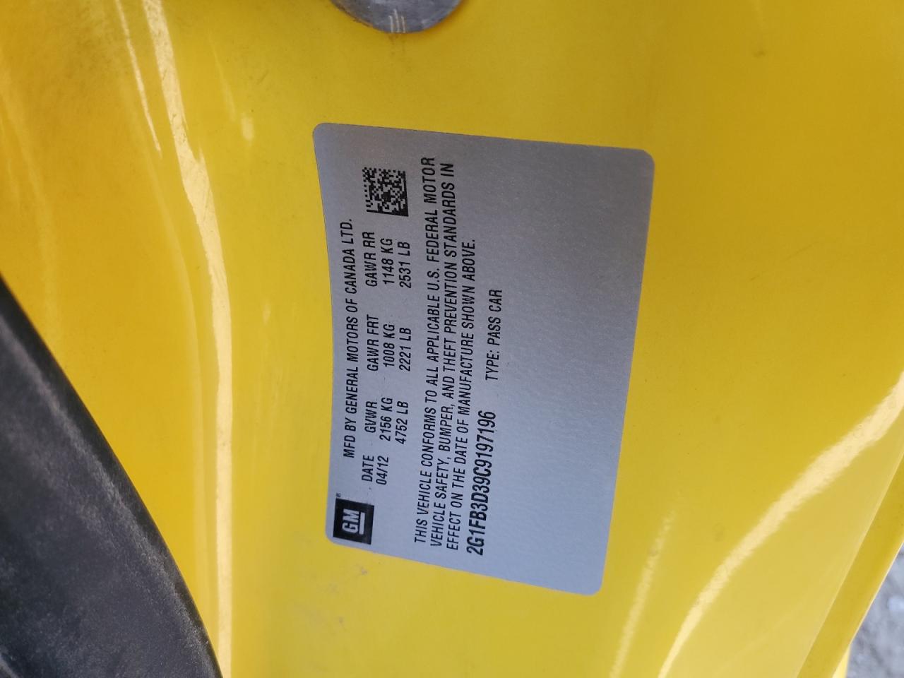 2G1FB3D39C9197196 2012 Chevrolet Camaro Lt