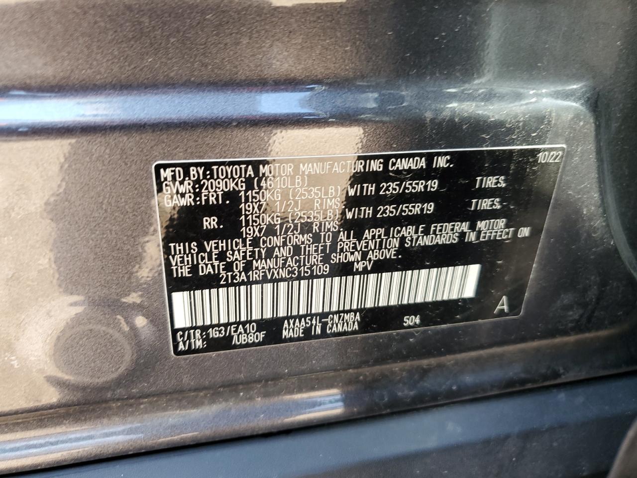 2T3A1RFVXNC315109 2022 Toyota Rav4 Xle Premium