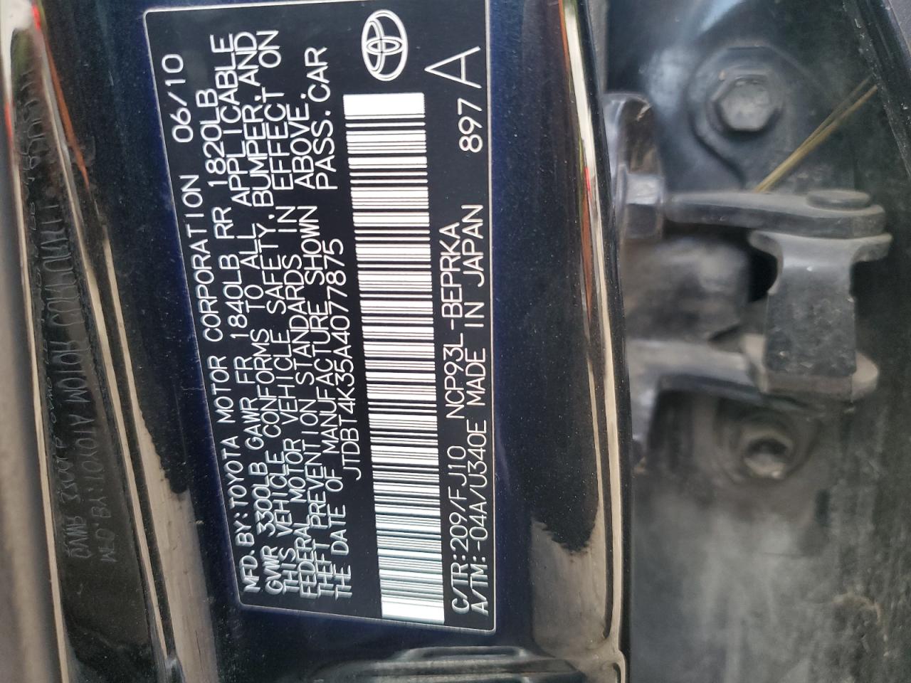 JTDBT4K35A4077875 2010 Toyota Yaris