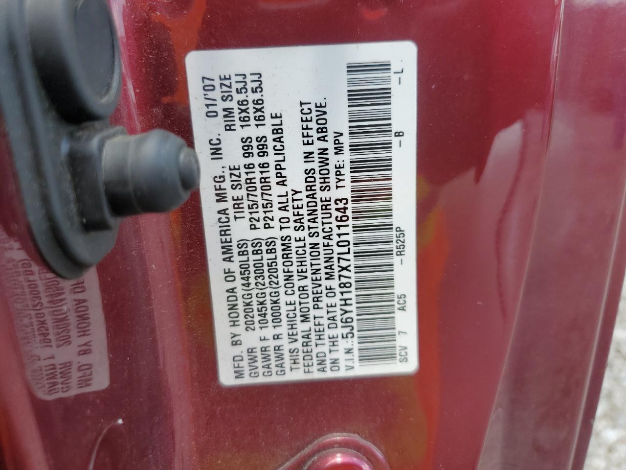 5J6YH187X7L011643 2007 Honda Element Ex