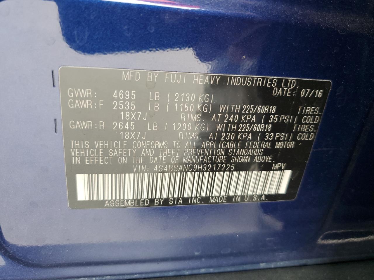 4S4BSANC9H3217225 2017 Subaru Outback 2.5I Limited