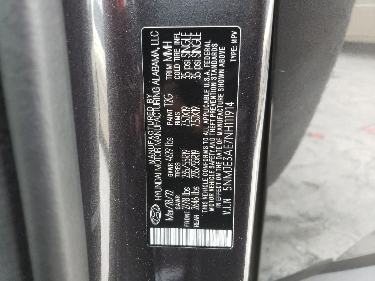 5NMJE3AE7NH111914 2022 Hyundai Tucson Limited