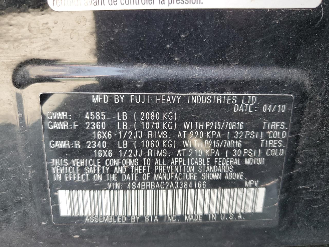 4S4BRBAC2A3384166 2010 Subaru Outback 2.5I