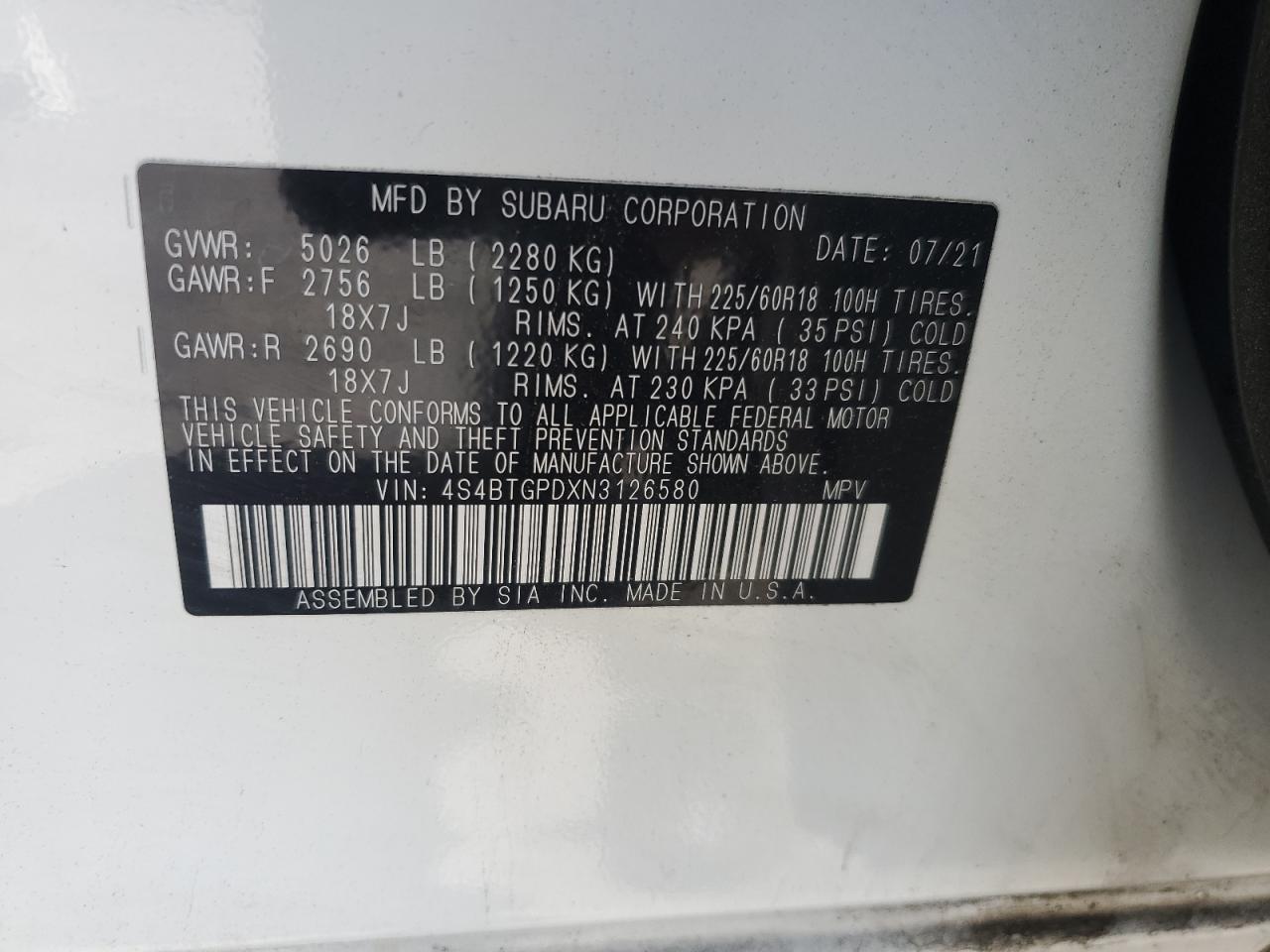 4S4BTGPDXN3126580 2022 Subaru Outback Touring