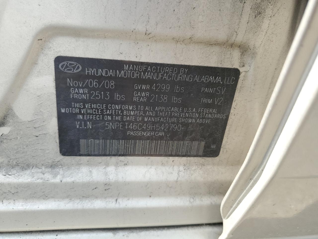 5NPET46C49H542790 2009 Hyundai Sonata Gls