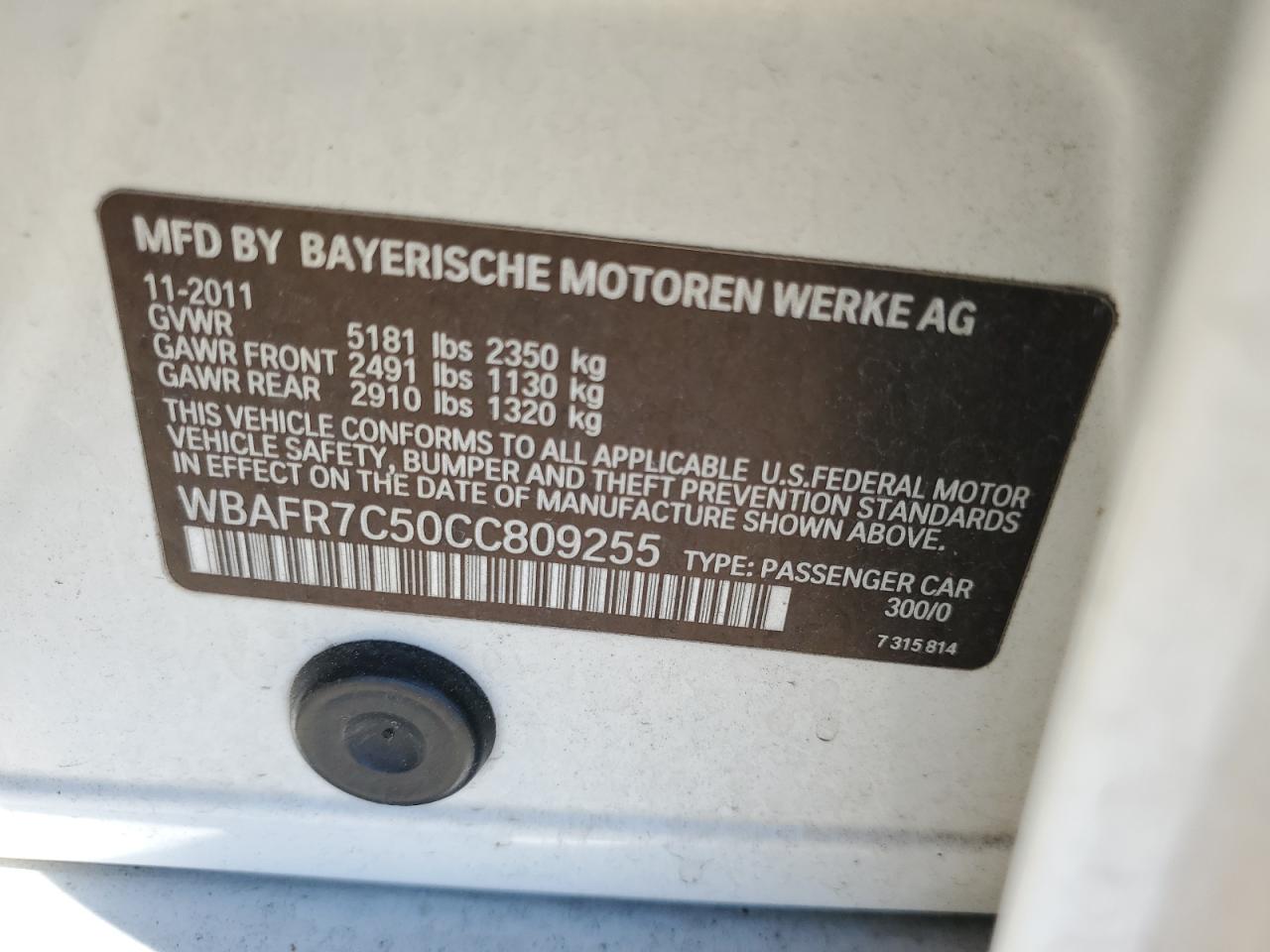 WBAFR7C50CC809255 2012 BMW 535 I