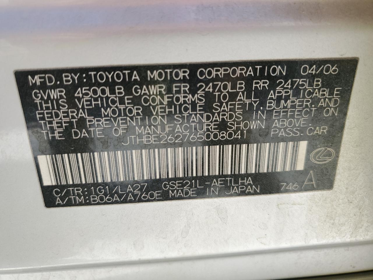 JTHBE262765008041 2006 Lexus Is 350