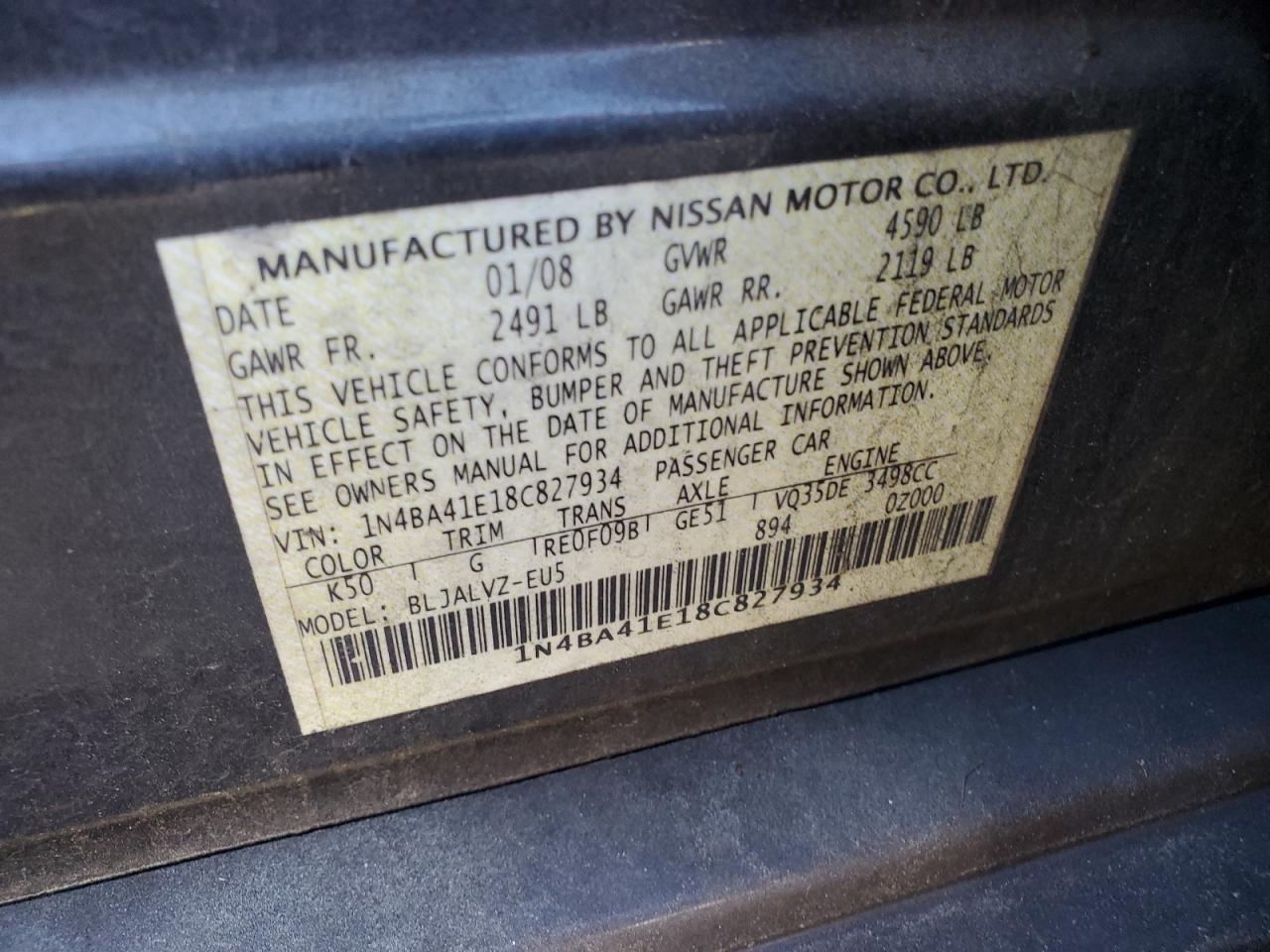 1N4BA41E18C827934 2008 Nissan Maxima Se