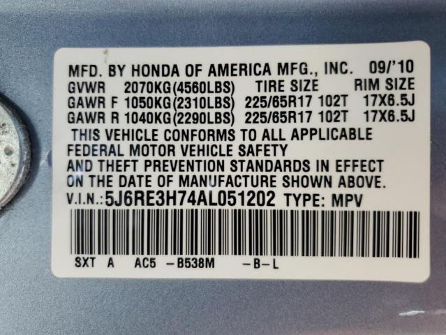 2010 Honda Cr-V Exl VIN: 5J6RE3H74AL051202 Lot: 62012324