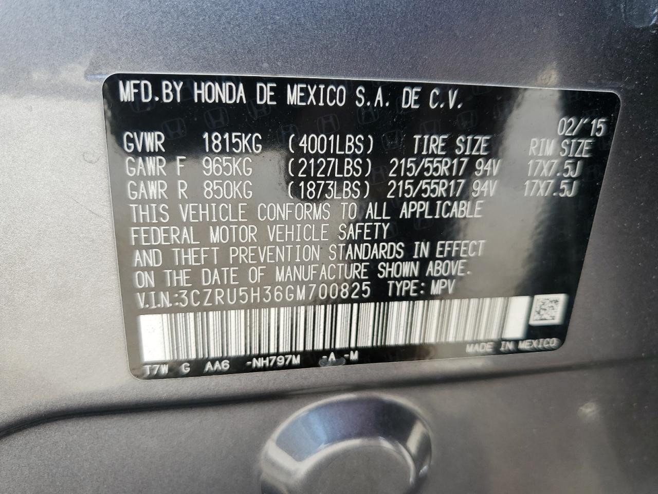 3CZRU5H36GM700825 2016 Honda Hr-V Lx