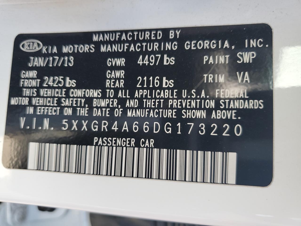 5XXGR4A66DG173220 2013 Kia Optima Sx