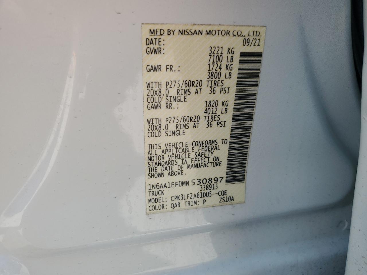 1N6AA1EF0MN530897 2021 Nissan Titan Sv