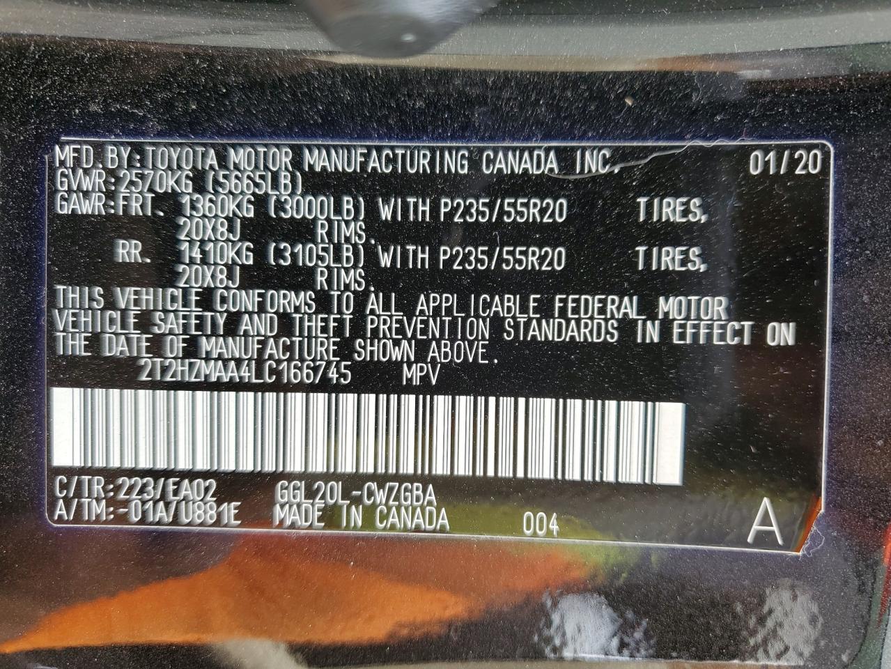 2T2HZMAA4LC166745 2020 Lexus Rx 350