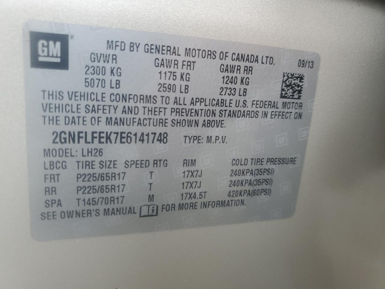 2GNFLFEK7E6141748 2014 Chevrolet Equinox Lt
