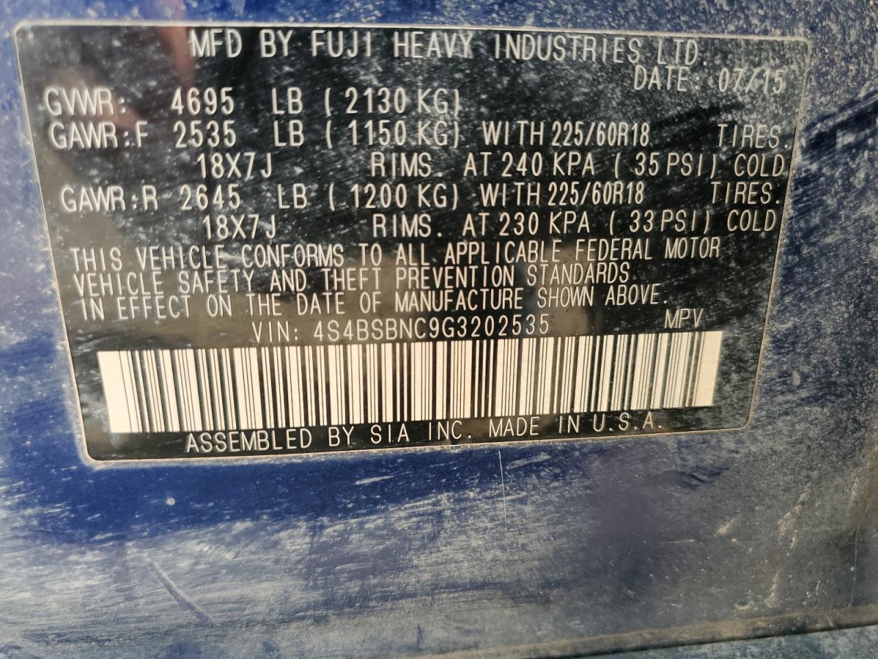 4S4BSBNC9G3202535 2016 Subaru Outback 2.5I Limited