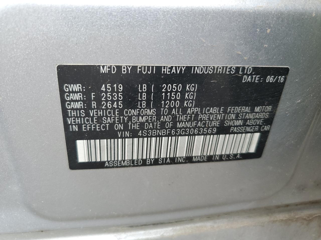 4S3BNBF63G3063569 2016 Subaru Legacy 2.5I Premium