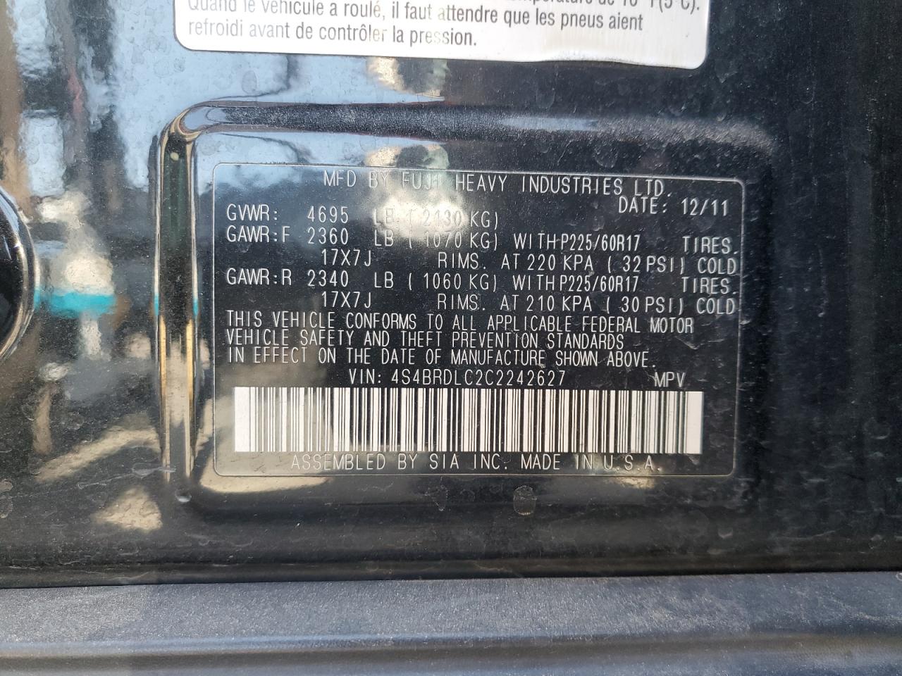 4S4BRDLC2C2242627 2012 Subaru Outback 3.6R Limited