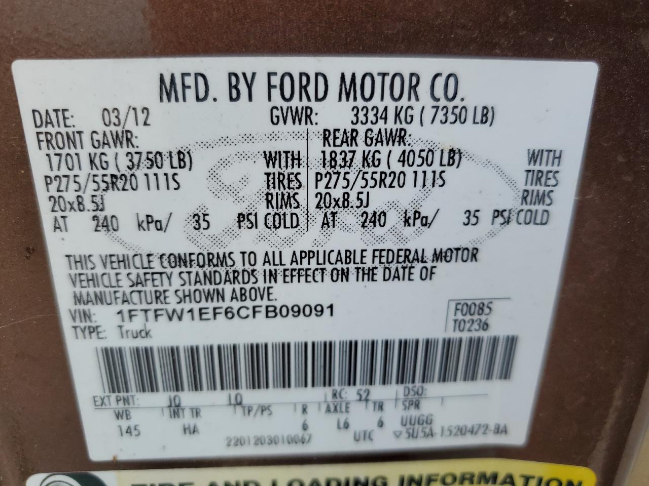 1FTFW1EF6CFB09091 2012 Ford F150 Supercrew