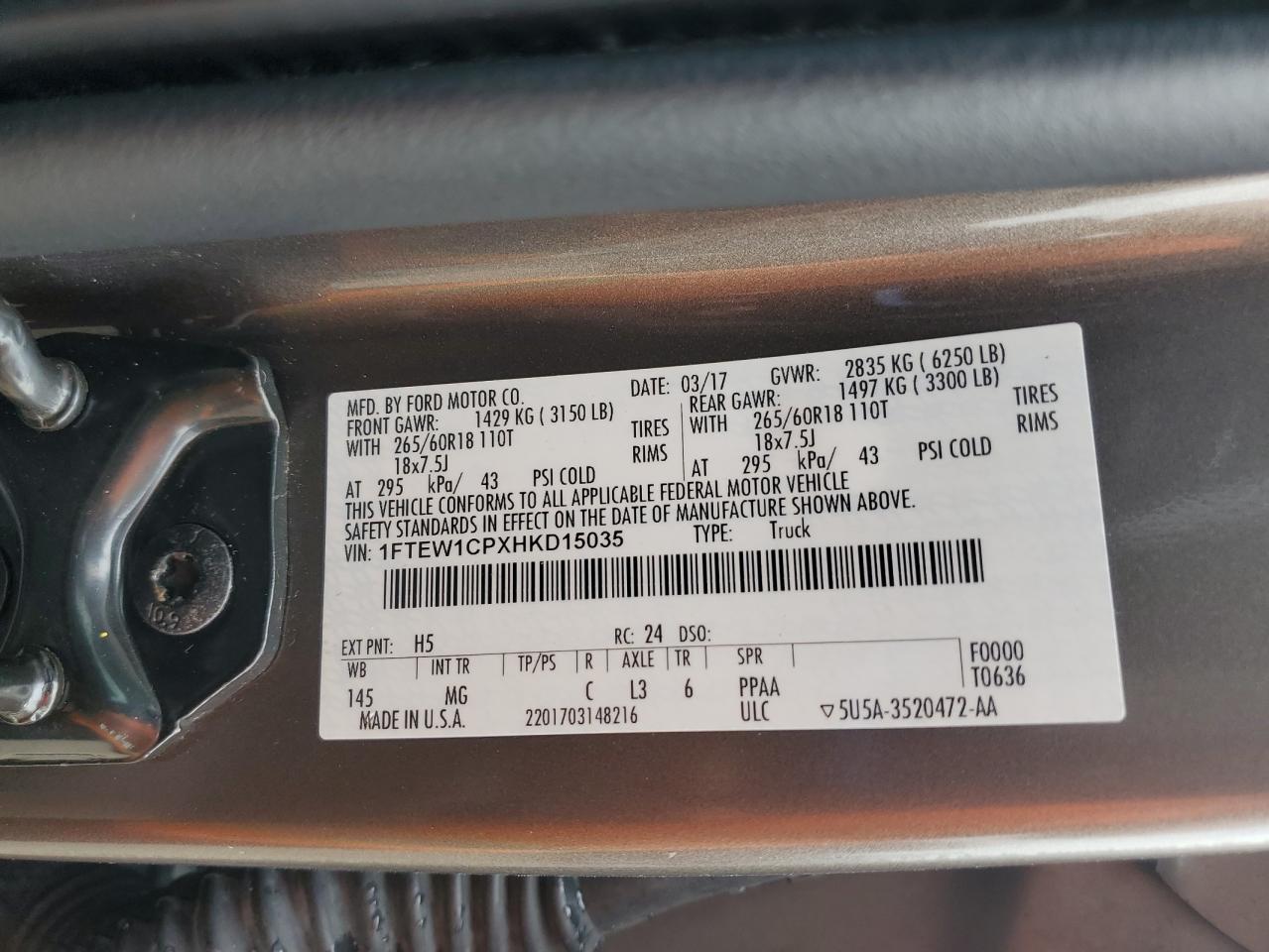 1FTEW1CPXHKD15035 2017 Ford F150 Supercrew 1FTEW1CPXHKD15035 2017 Ford F150 Supercrew