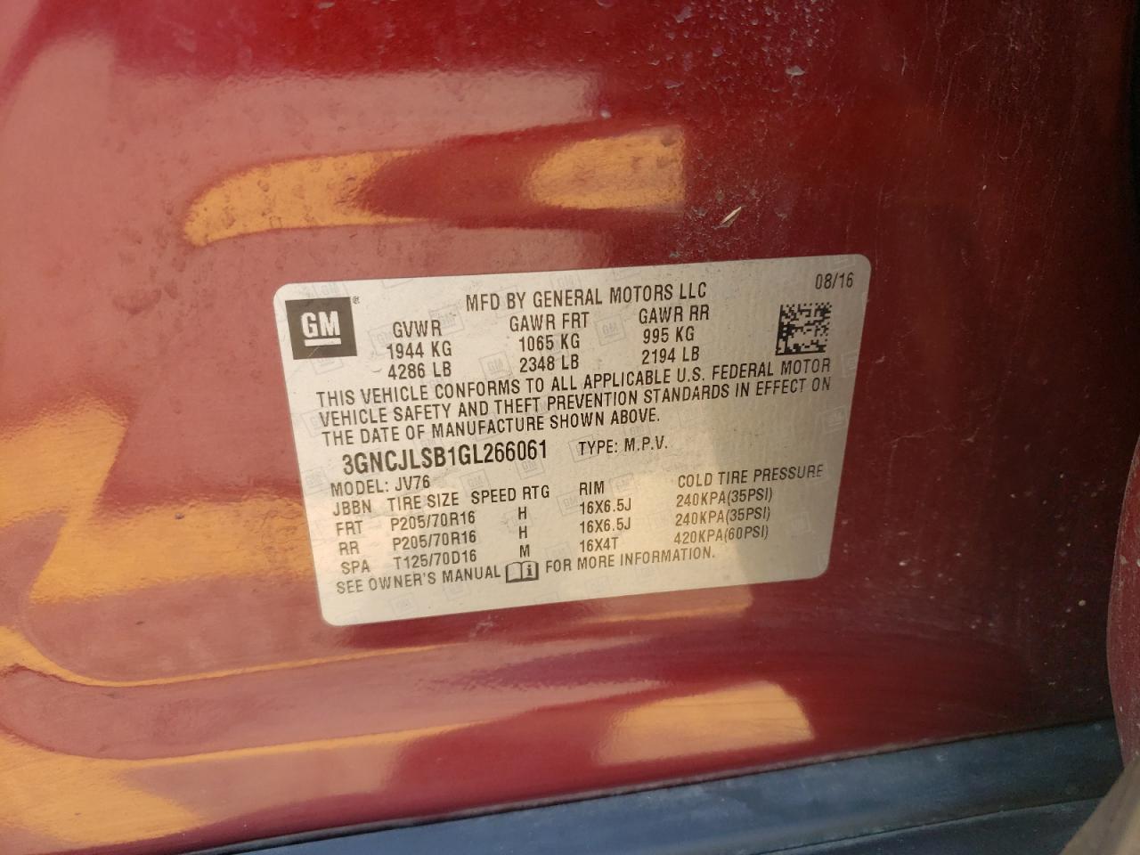 3GNCJLSB1GL266061 2016 Chevrolet Trax 1Lt