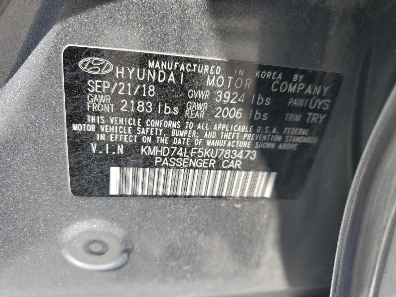 KMHD74LF5KU783473 2019 Hyundai Elantra Se