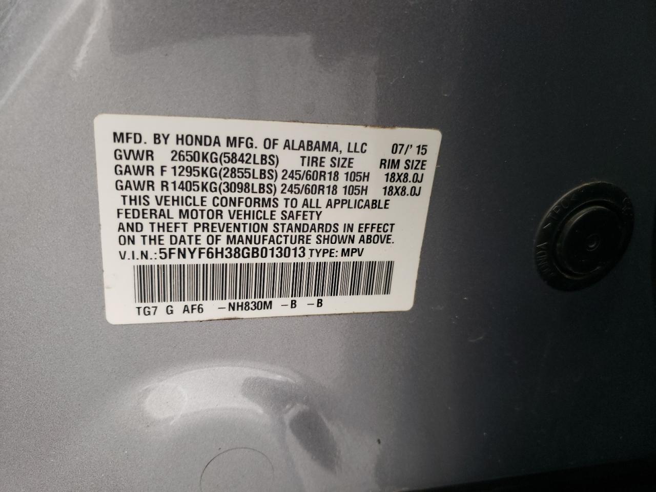 5FNYF6H38GB013013 2016 Honda Pilot Ex